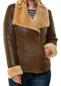 Women Distressed Brown Shearling Leather Jacket